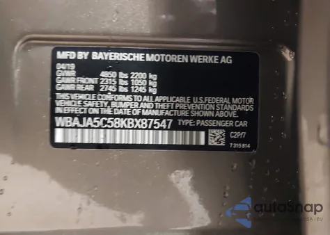 2019 BMW 530I из США, поврежденный, VIN WBAJA5C58KBX87547